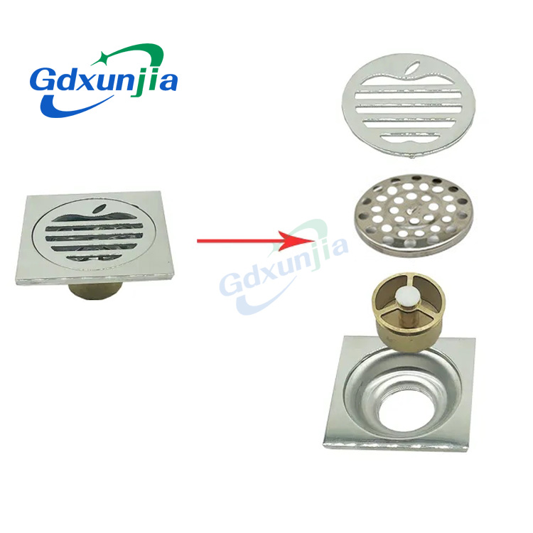 Mainit na parisukat 6mm makapal 4 Pulgada 201 Hindi kinakalawang na asero Round Apple Pattern Banyo Shower Tanso Anti amoy Floor Drain na may Bayonet —XINZHIJIA / XUNJIA